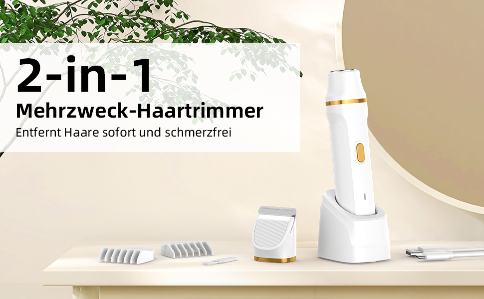 Електричний жіночий епілятор 2-в-1 для обличчя та тіла, з 2 насадками та гребінцем, водонепроникний (IPX7), білий