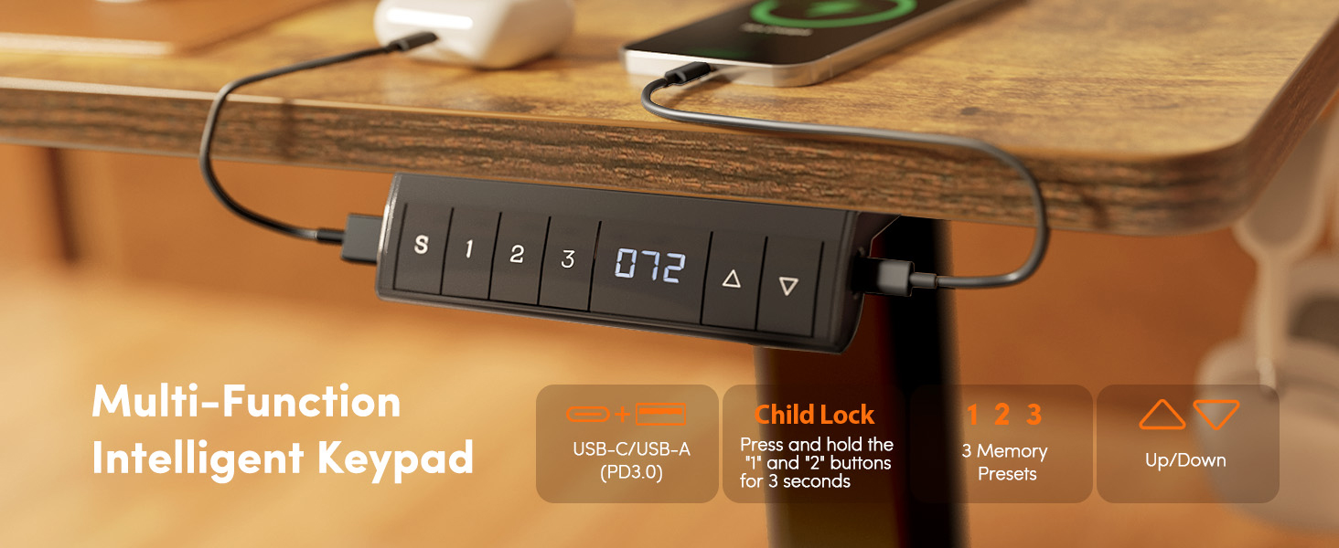Регульований по висоті письмовий стіл FEZIBO 160x80 см з USB-C та USB-A портами для зарядки, коричневий