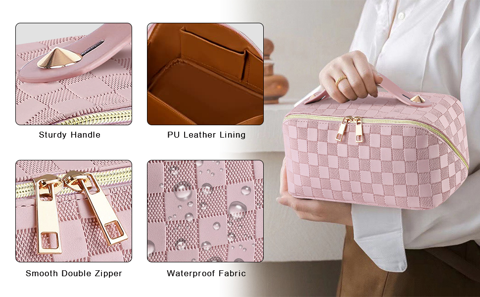 Косметичка для подорожей жіноча, велика містка, з PU шкіри, органайзер для макіяжу, косметичка-рюкзак, аксесуари для подорожей, рожеана в клітинку