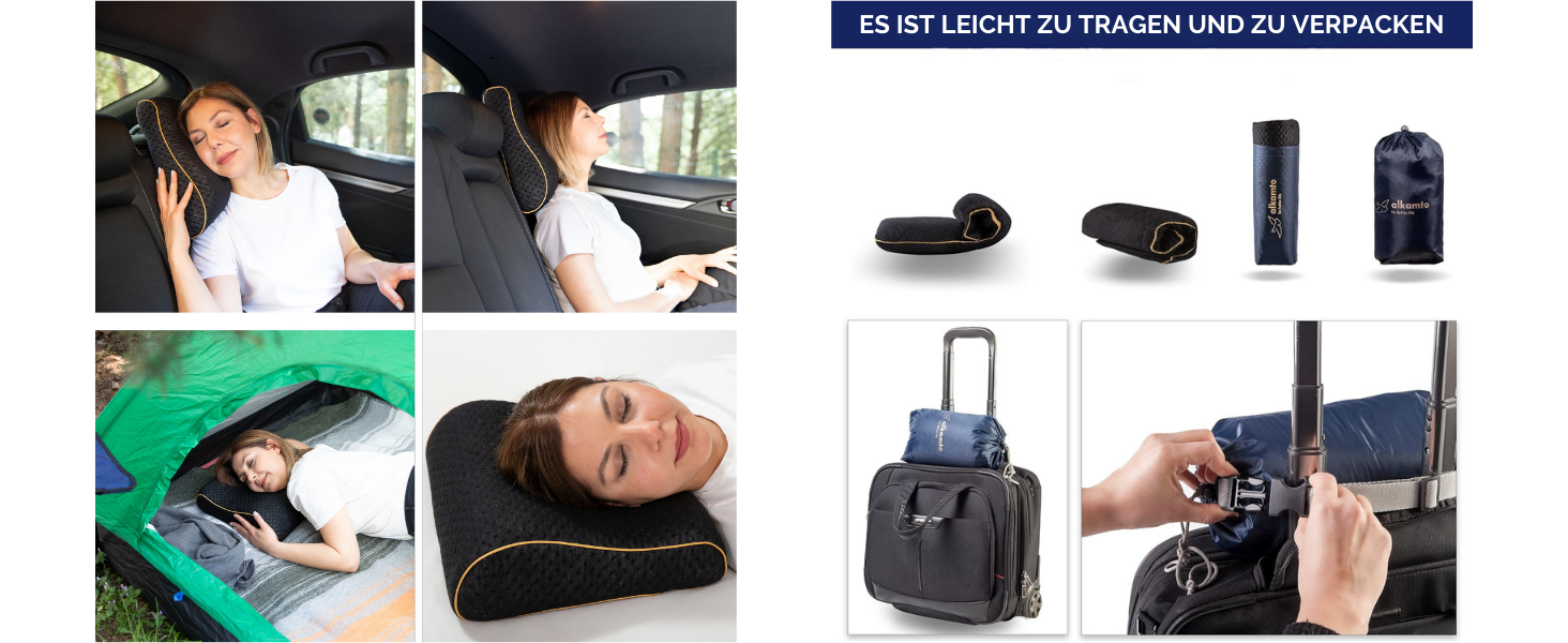 Подушка для подорожей Alkamto: ергономічна подушка з memory foam, регульована температура, Oeko-Tex Made IN Green (чорна, 35x30x10/8 см)