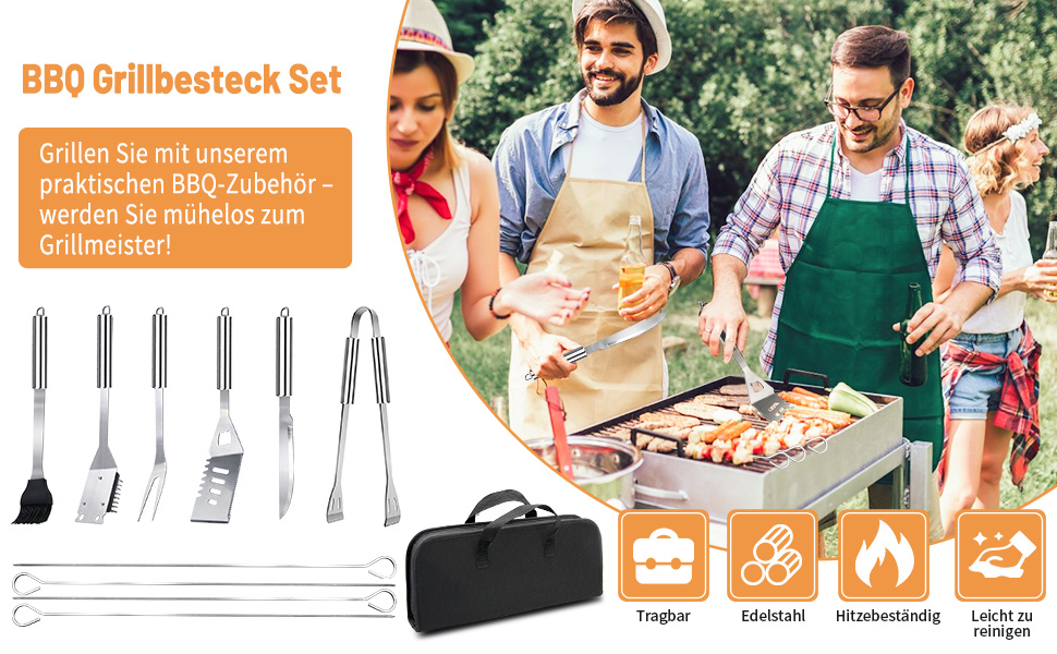 Набір гриль-посуду 11 предметів, 34 см, нержавіюча сталь, аксесуари для гриля: щипці, виделка, переносна сумка, практичний багатофункціональний набір для барбекю, подарунок для чоловіків, сріблястий