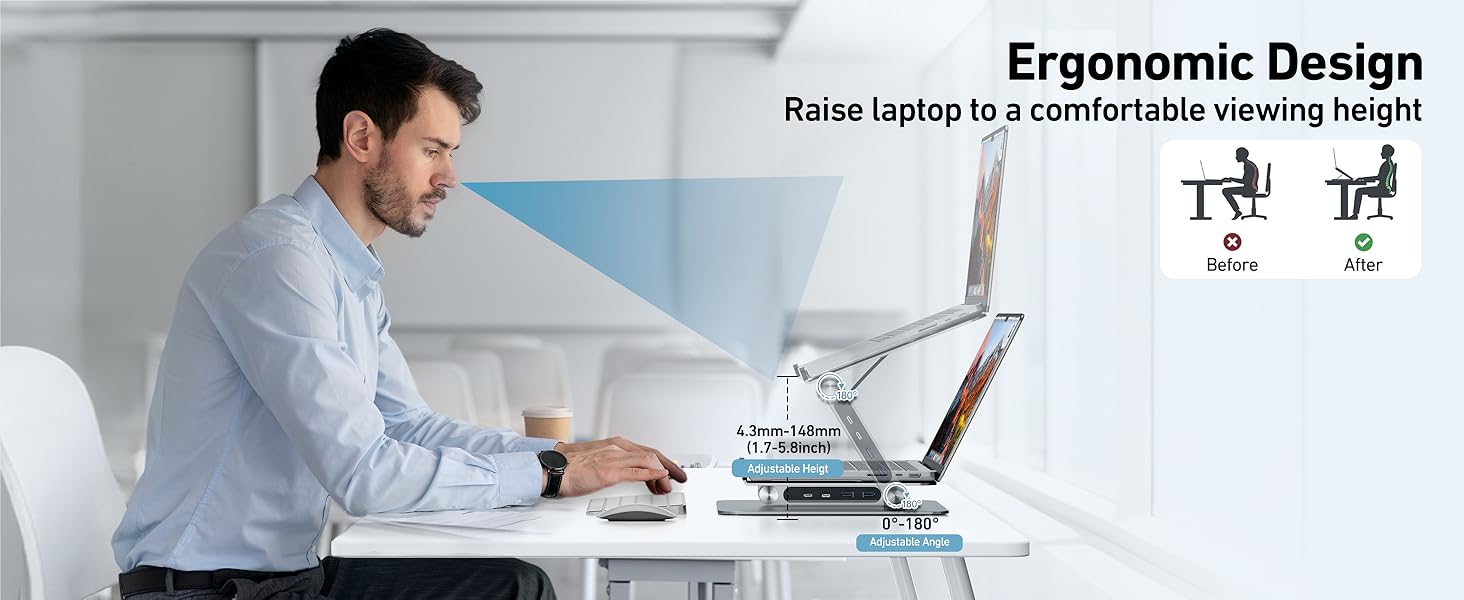 Підставка для ноутбука BENFEI 7-в-1 з USB-C док-станцією – HDMI (4K@60Hz), SD/Micro SD, 100W Power Delivery, 10Gbps (USB-C & USB 3.2) – для MacBook Pro/Air, iPad Pro, XPS, ThinkPad