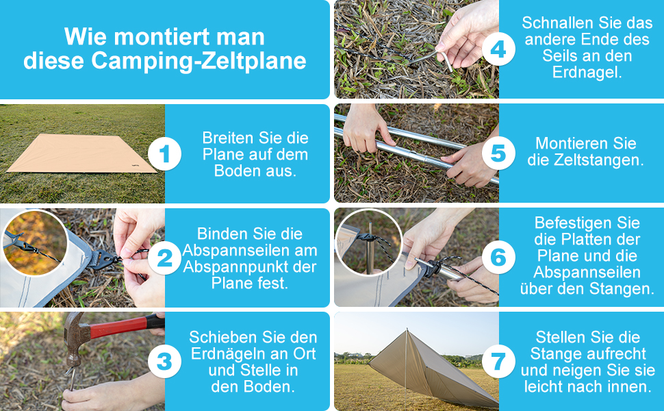 Водонепроникний намет WADEO 3x4 м: брезент для кемпінгу, тент для намету з брусками, кілочками та мотузками, ультралегкий, для кемпінгу та пікніків на природі, хакі
