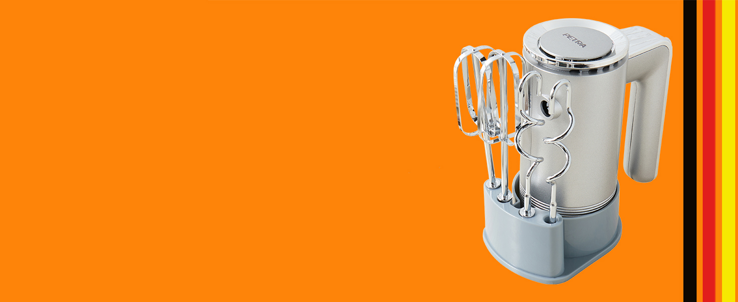 Ручний міксер Petra 300W з 5 швидкостями, турбо-функцією, гаками для тіста та вінчиками, сріблястого кольору з підставкою