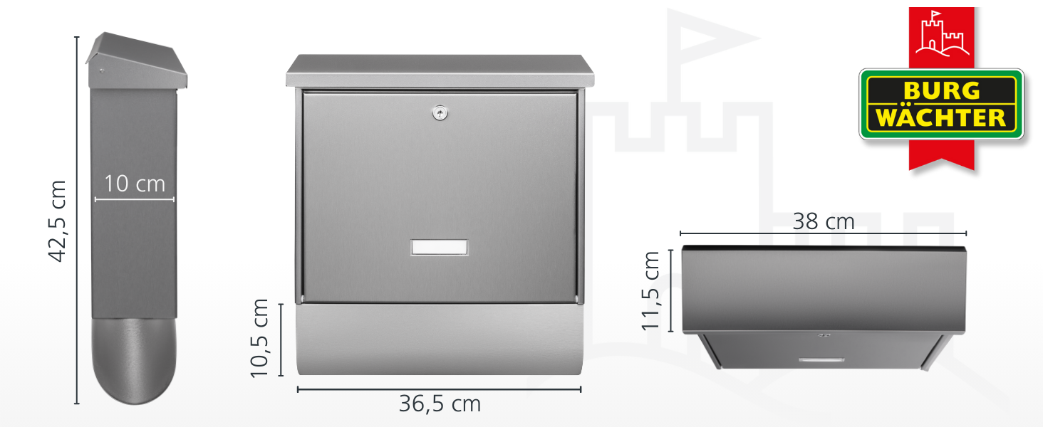 Поштова скринька Burg-Wächter з газетницею та табличкою для імені, нержавіюча сталь, формат DIN C4, 2 ключі, AMZ 2500 NI