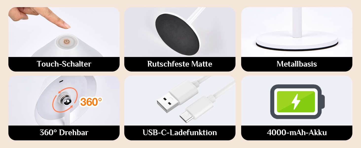 Світлодіодний акумуляторний настільний світильник Rosnek з магнітним кріпленням, димуванням, 3 режими кольору, 4000 mAh, для дому та вулиці (2 в упаковці, білий)