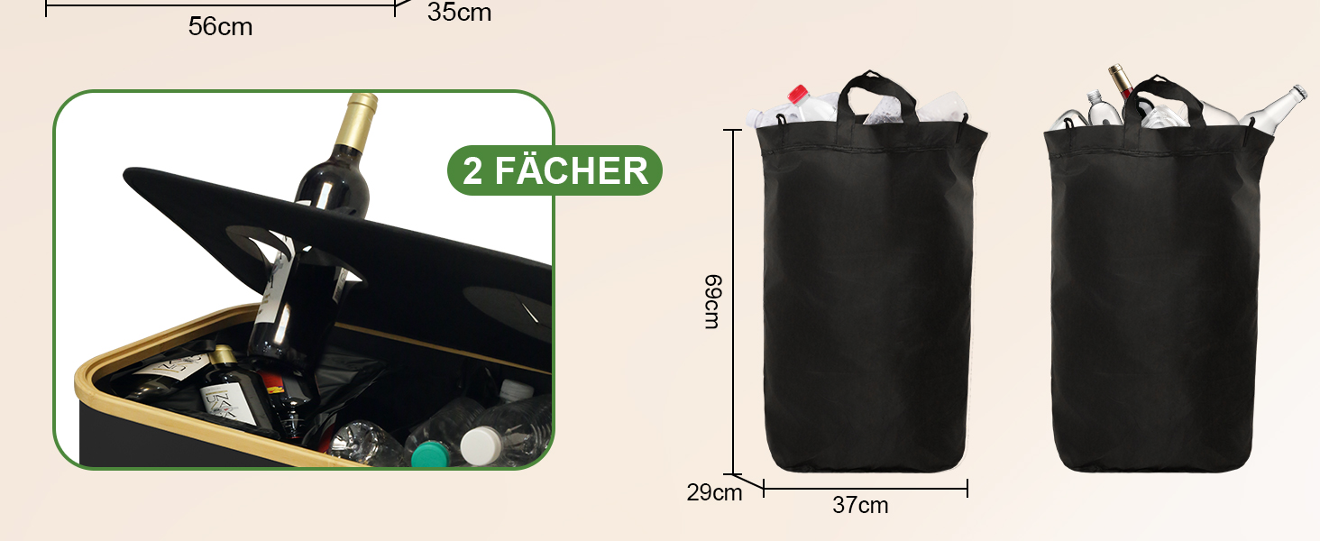 BIMVER Контейнер для збору пляшок 160 л, з 2 XL і 1 XXL внутрішніми сумками, складний бамбуковий органайзер для зберігання тари, чорний, з отвором для пляшок