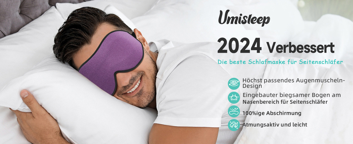Маска для сну Umisleep для тих, хто спить на боці, з 3D-очними впадинами, регульованим ремінцем, світлонепроникна та дихаюча, для чоловіків та жінок, підходить для подорожей та йоги (фіолетова)