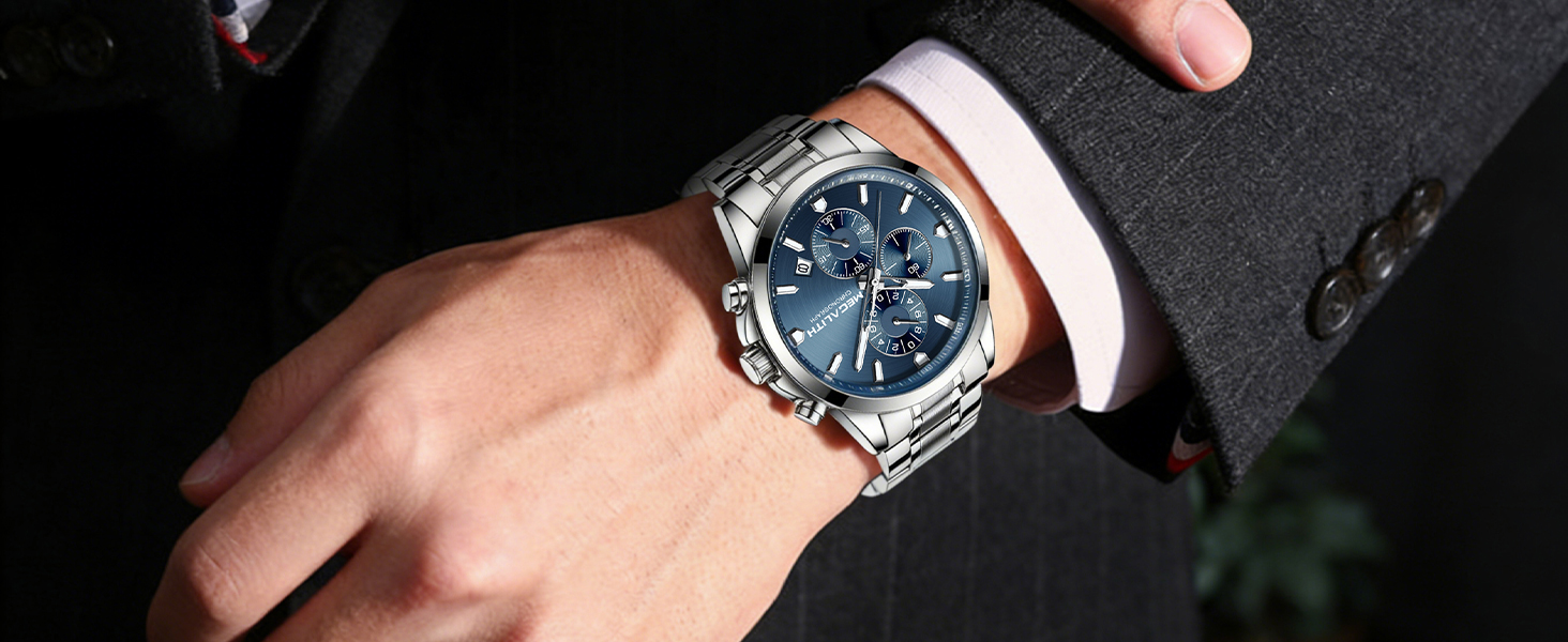 Чоловічий годинник MEGALITH з нержавіючої сталі, хронограф, водостійкий, аналоговий годинник для бізнесу, з календарем та підсвічуванням (B-silber-an)