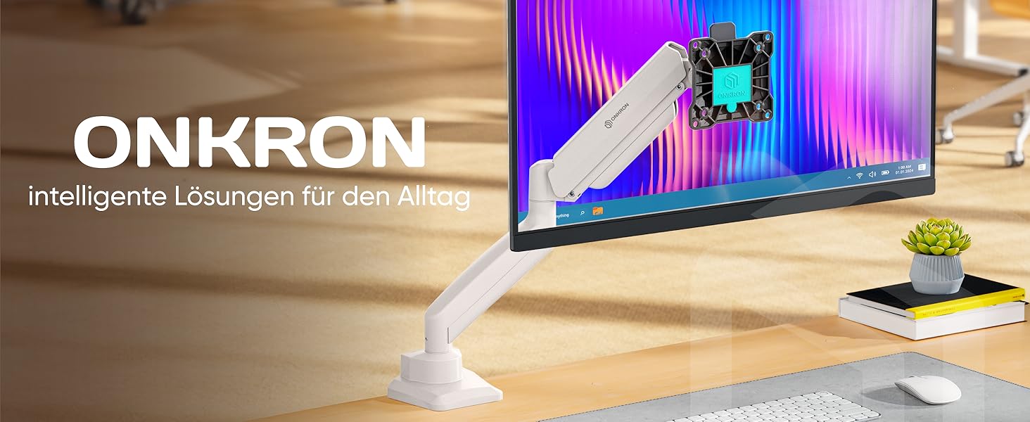 Кронштейн для монітора ONKRON G80-BW з газліфтом, для екранів 13-32 дюймів до 10 кг, VESA 75x75 / 100x100, регулювання висоти та нахилу, біло-чорний