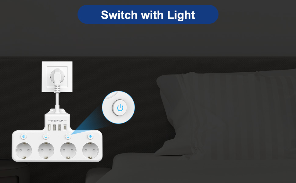 Мережевий фільтр з USB, 4 розетки з індивідуальним вимикачем, 3 USB та 1 Type-C (5V 3.4A) для кухні, вітальні, спальні, офісу