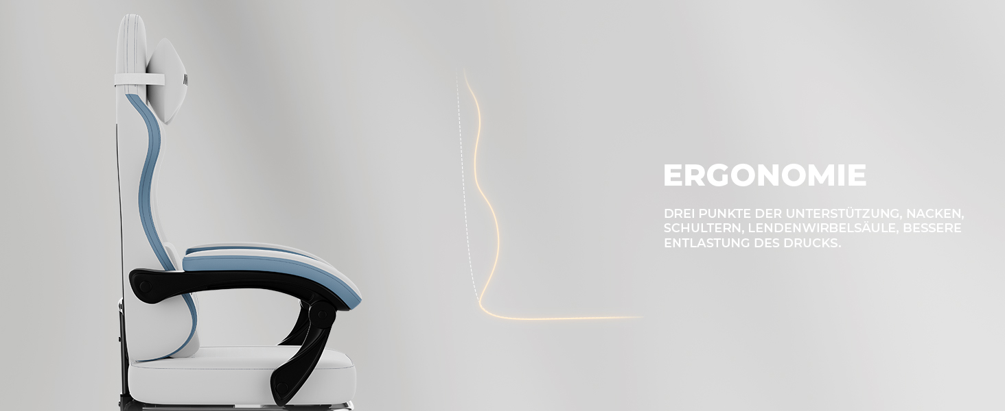 Геймерське крісло Ergonormic з підставкою для ніг та підтримкою попереку, регульоване, для дому, офісу, кіберспорту - біло-блакитне
