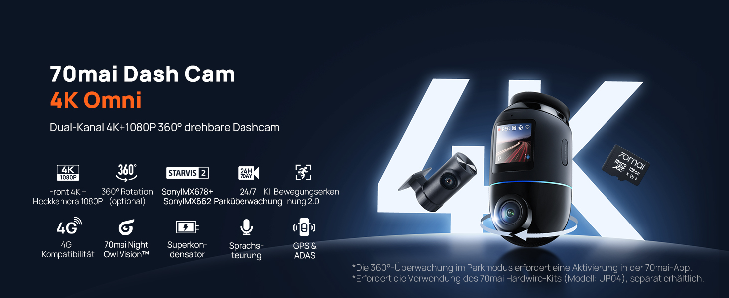 Відеореєстратор 70mai Dash Cam 4K Omni: 4K+1080P, 360° огляд, Dual STARVIS 2 HDR, GPS, WiFi, 4G LTE, 24/7 запис, AI-розпізнавання, нічне бачення, 128GB SD-карта