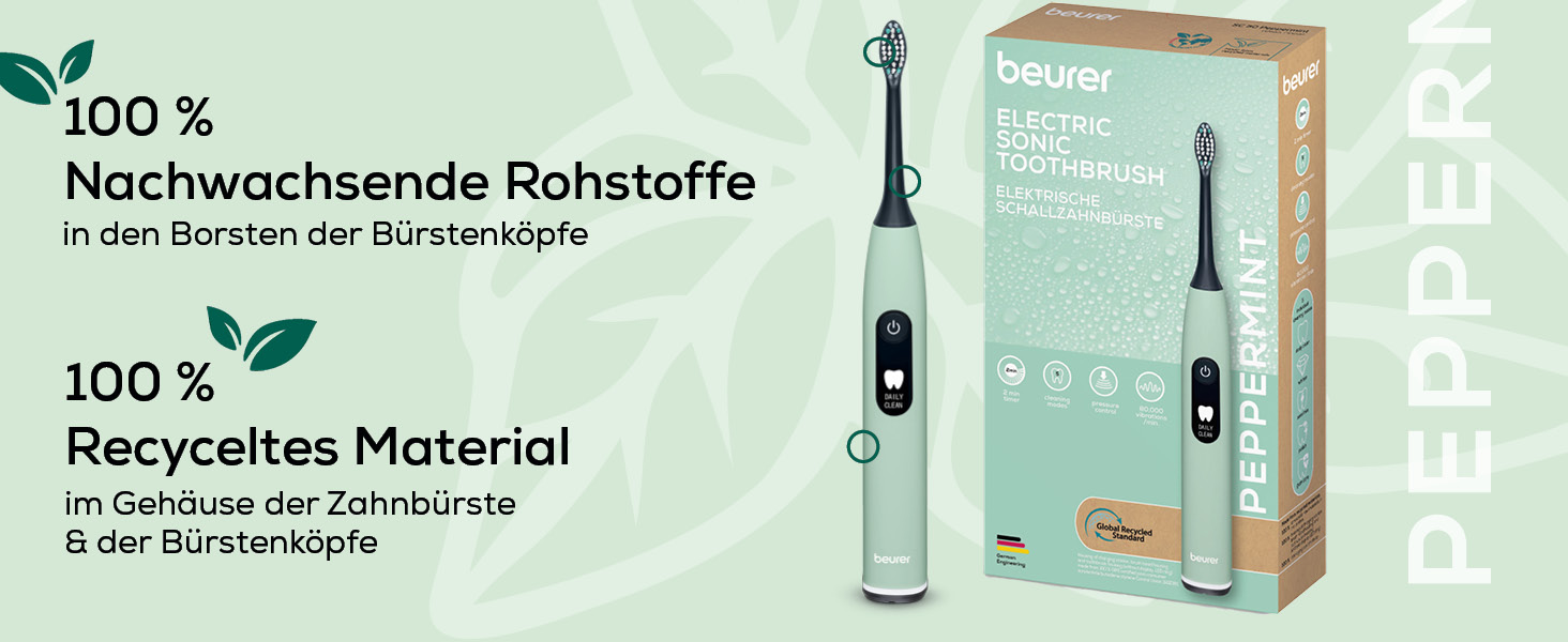 Звукова електрична зубна щітка Beurer SC 50 з 5 режимами чищення, датчиком тиску, дисплеєм таймера та 2 насадками (м'ята)