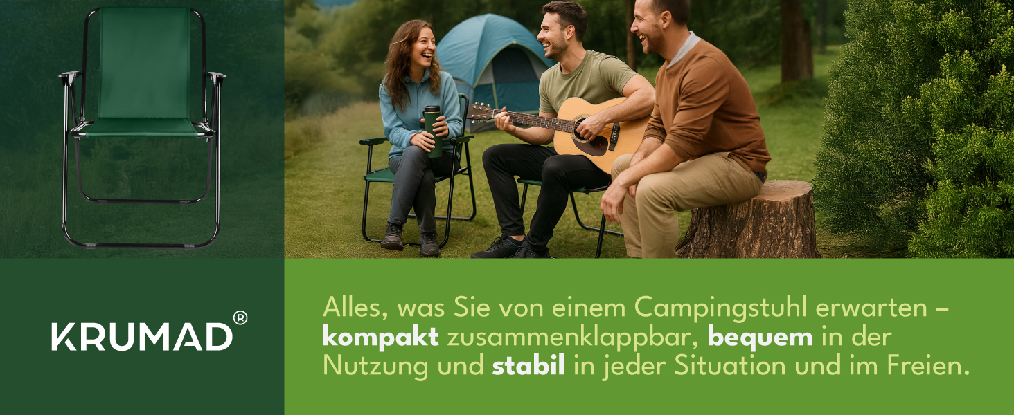Складний туристичний стілець KRUMAD, зелений, 100 кг, сталевий каркас, 73x46x51 см. Підходить для кемпінгу, саду, риболовлі, балкону