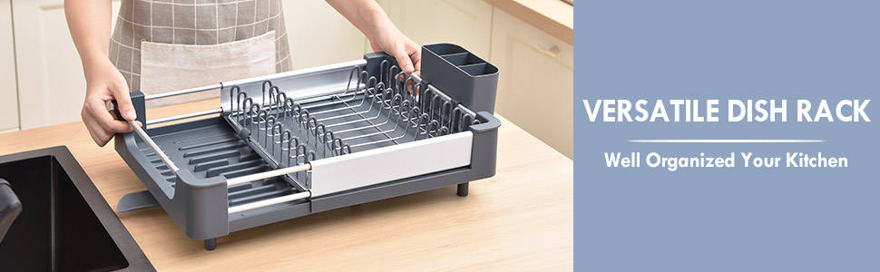 Стійка для посуду KINGRACK: розширювана, з нержавіючої сталі, з підставкою для столових приборів, антиковзаюча, сірого кольору