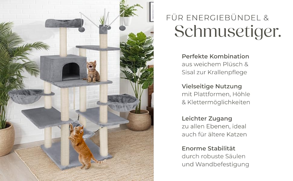 Тектейк® XXL Дерево для котів велике, з аксесуарами: лежанки, гамак, будиночок, іграшки, мотузка з сизалю, стійка для дряпання, висота 165 см, сірий | 402931