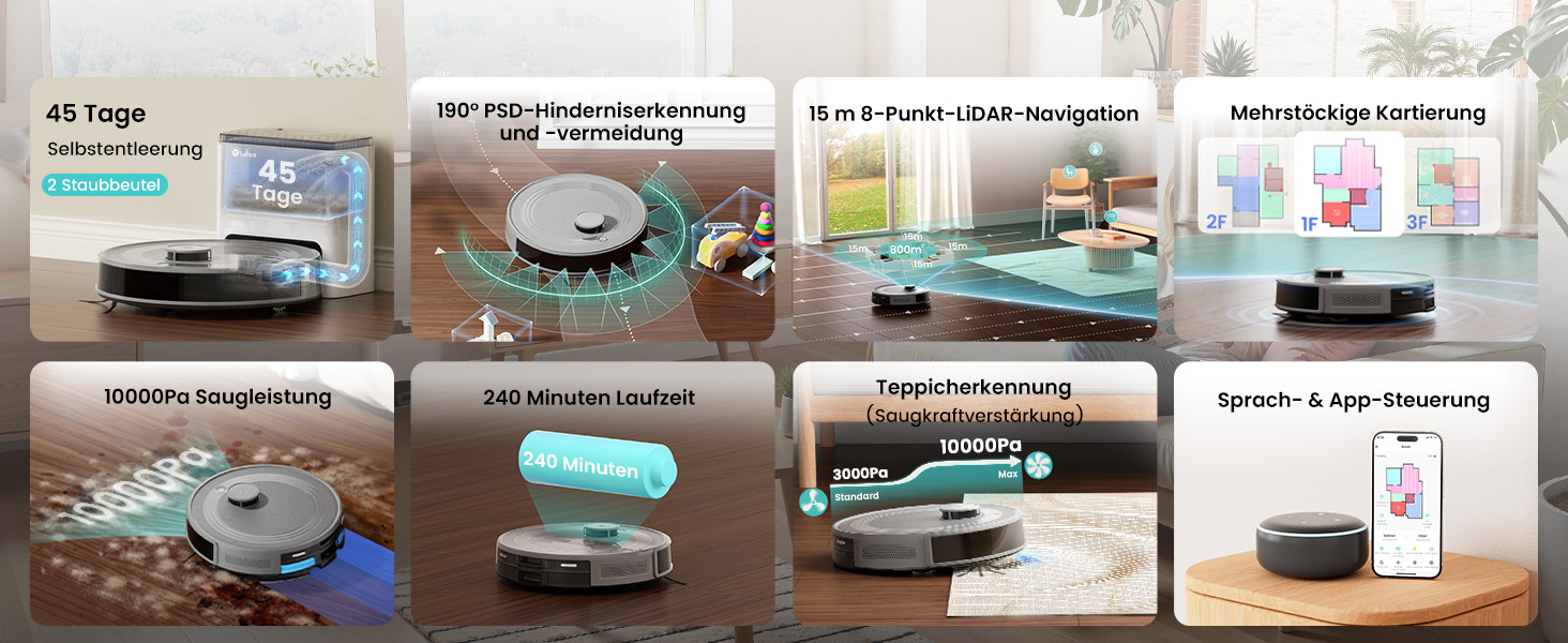 Робот-пилосос LEFANT M1: Мапірування, вологе прибирання, No-Go зони, 5500Pa, керування через додаток/Alexa, білий