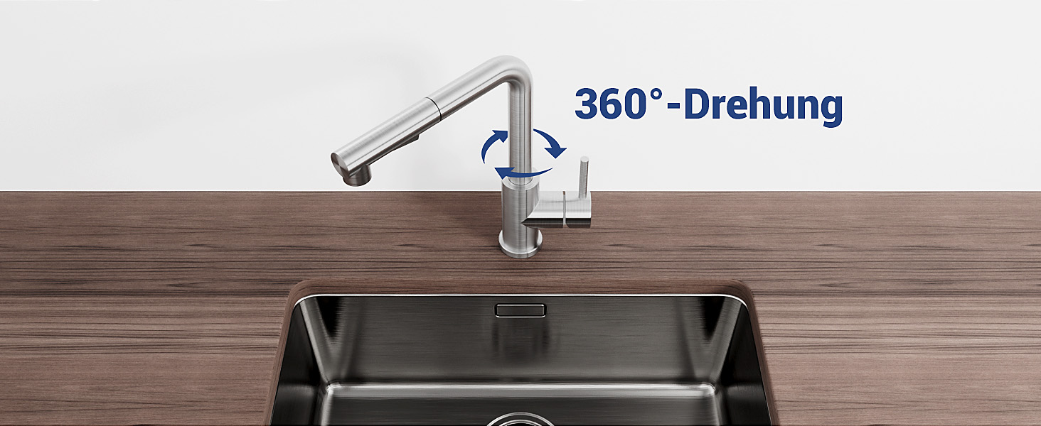 Кухонний змішувач DAYONE з висувною лійкою, нержавіюча сталь, 3 режими, 360° обертання, для кухонних мийок (15 см), матовий.