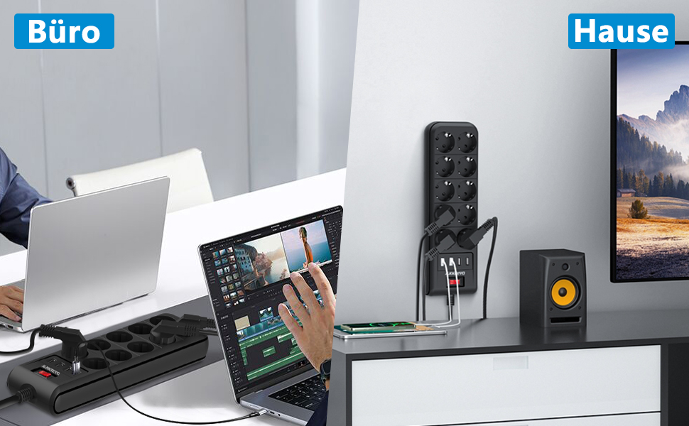 Мережевий фільтр з 4 USB, 6 розеток, вимикач, настінний, 3680W, 16A, 2 Type-C, кабель 1.8м (чорний)