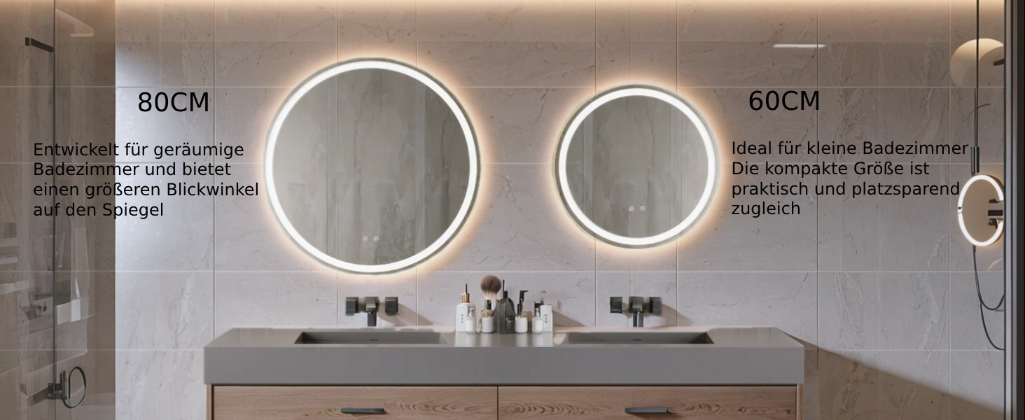 Круглий дзеркало для ванної кімнати Clevich з підсвічуванням, 80 см, сенсорне управління, протитуманне покриття, 3 кольори світла, регулювання яскравості