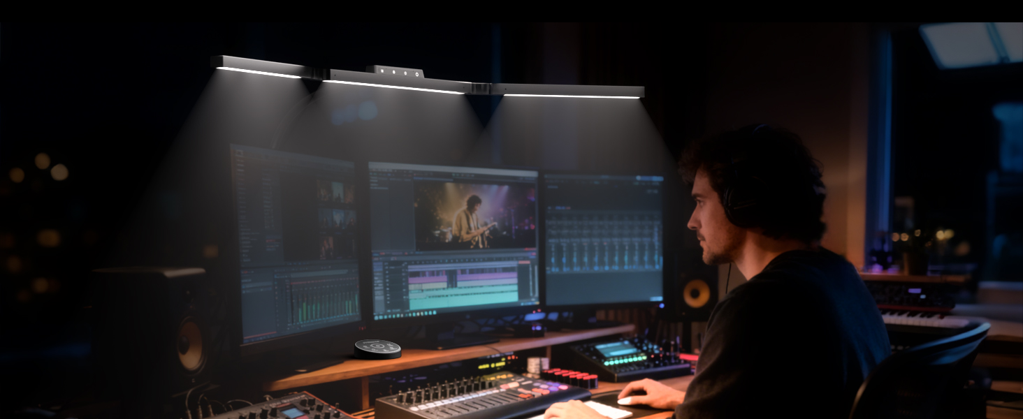 Настільна лампа для робочого столу з 3 джерелами світла, 24W, 100см, денне світло, з пультом дистанційного керування, регульована яскравість, лампа для монітора, модель «Лебідь», матовий чорний колір