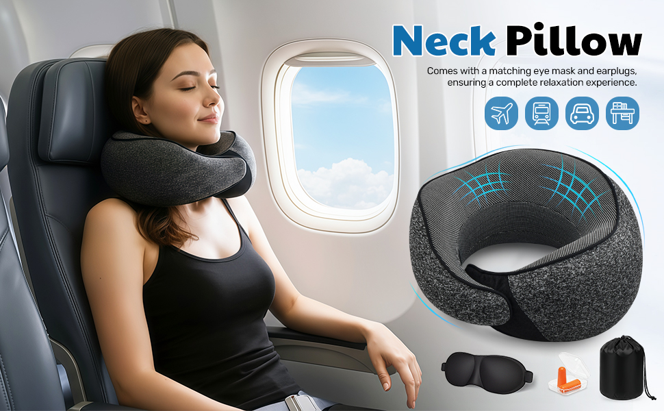 Подушка для шиї у літак, подушка для подорожей, з навушниками та маскою для очей, сіра