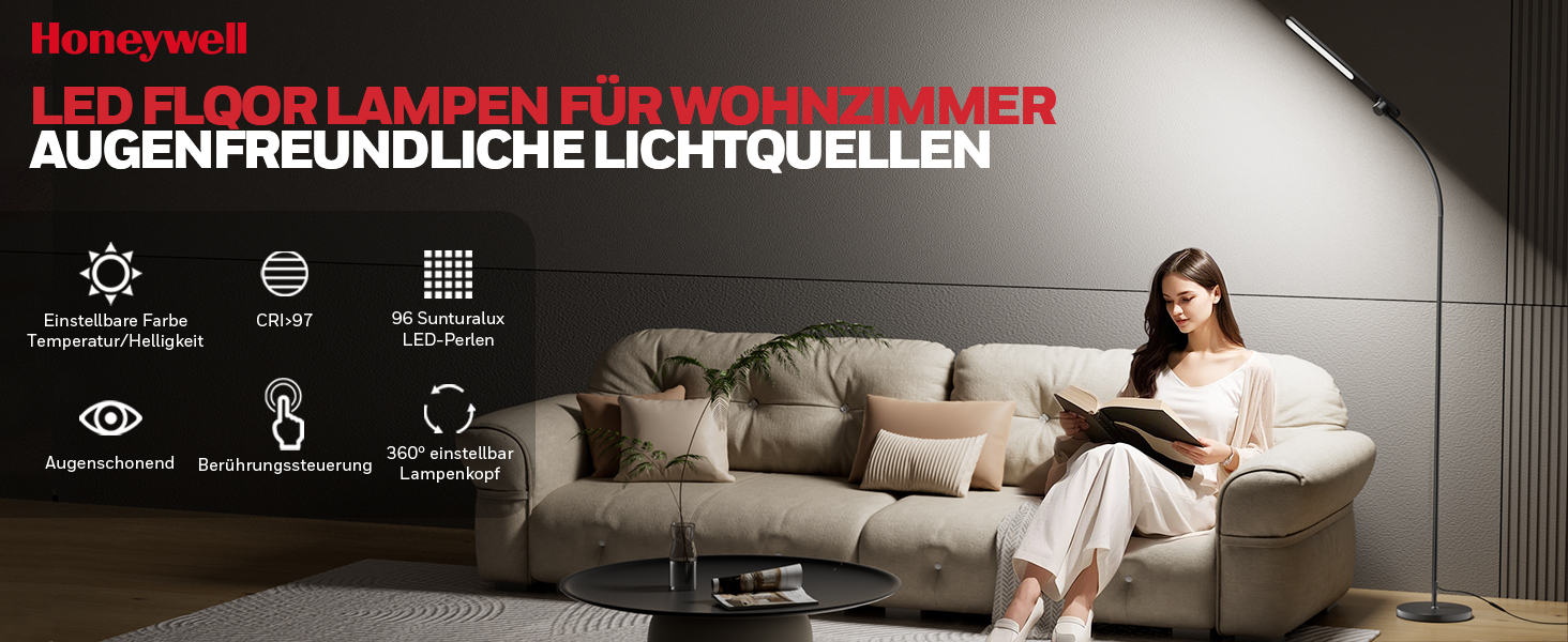 LED торшер Honeywell F4 Sunturalux™ з регулюванням яскравості, гнучкий гніздовий кріплення, сучасний дизайн для комфортного читання у вітальні, спальні, офісі (чорний)