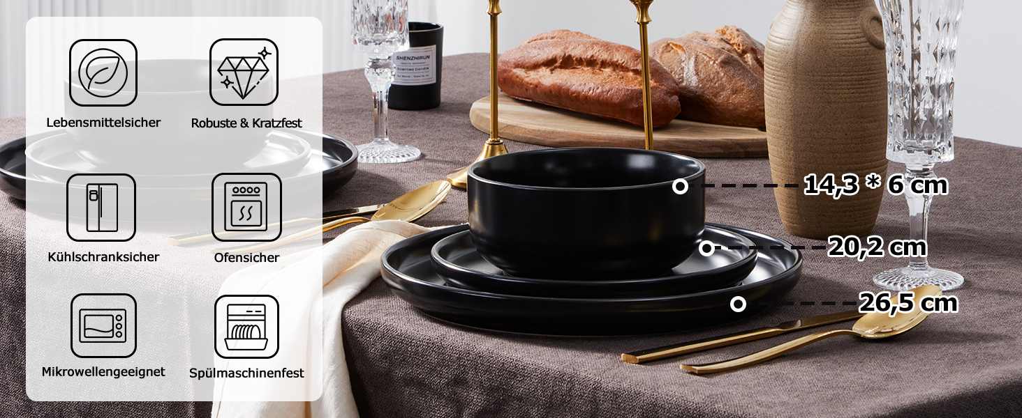 Набір посуду Onader на 6 осіб: 18-ти частинний сервіз з каменю, 6 тарілок, десертних тарілок, мисок, стійкий до миття в посудомийній машині та подряпин (Класичний чорний)