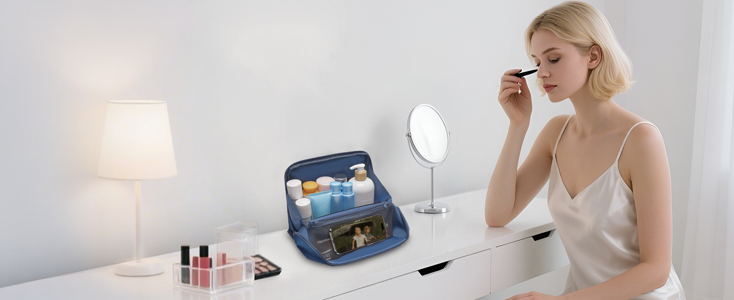 Чоловіча та жіноча дорожня косметичка Lermende з подвійною блискавкою, великий об'єм, зручна ручка для подорожей. (Синій)