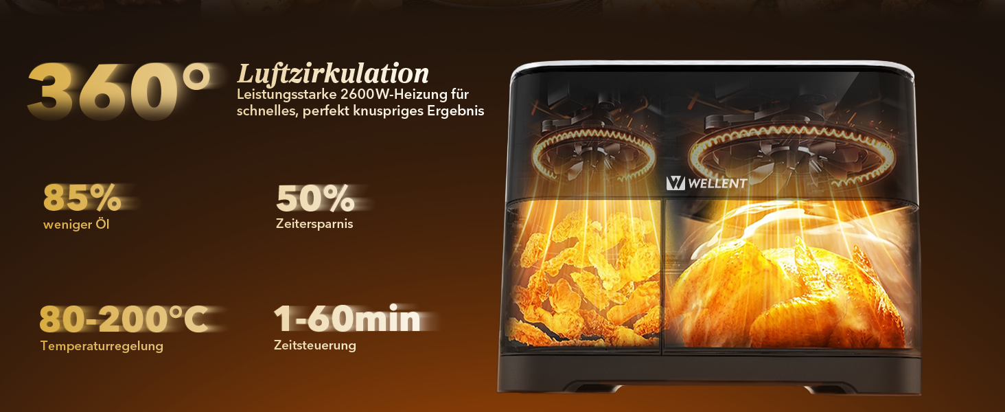 Фритюрниця повітряна WELLENT 2 камери, 2600W, 11л (4+7л) з сенсорним екраном, 10 функцій, для дому