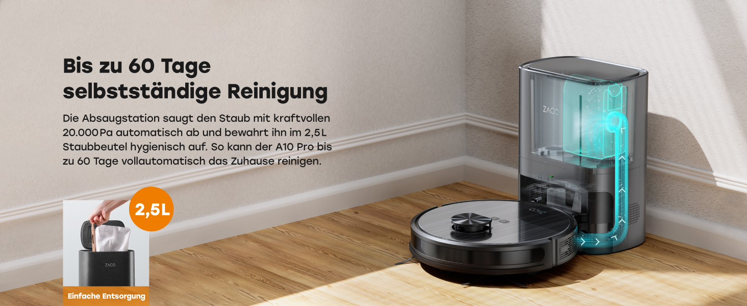 Робот-пилосос ZACO A10 Pro з функцією миття, 2.5л станція зарядки (до 60 днів), лазерна навігація, 3000Pa, 2-в-1 (пилосос та миття), для шерсті тварин, розпізнавання килима, тихий, керування через додаток & Alexa