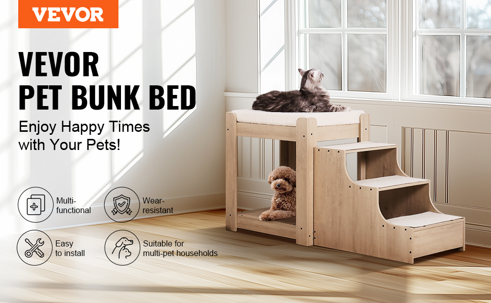 Багатоярусне ліжко для тварин VEVOR з драбиною, місцем біля вікна для собак/кішок, багатоступеневе ліжко, лежанка для собак, платформа з м'якими подушками, лежанка для домашніх тварин 120x50x65 см (Бежевий)
