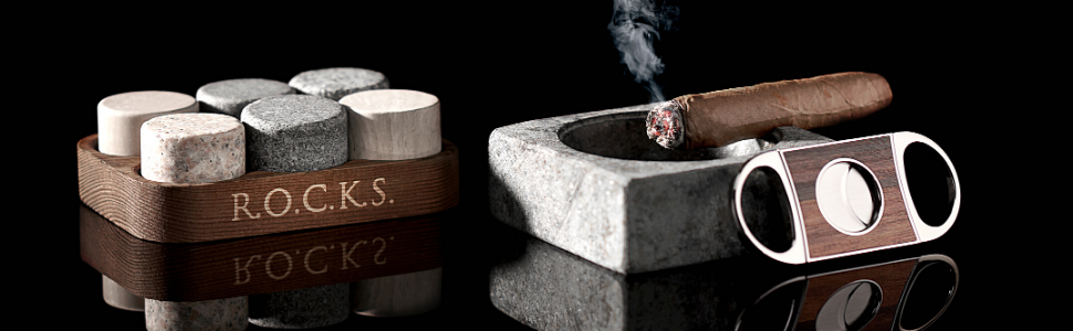 Набір для віскі та сигар з різьбленням: 6 преміум-гранітних каменів, різак для сигар, попільничка, подарункова коробка з золотою фольгою
