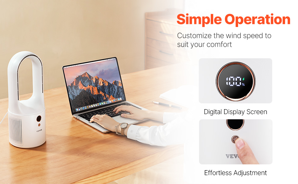Безлопатевий вентилятор VEVOR 330 мм, портативний USB-вентилятор, 6 режимів, тихий, з LCD-дисплеєм, для дому, офісу, дитячої кімнати
