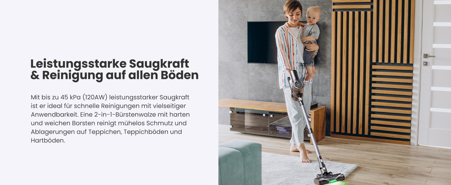 Бездротовий пилосос Proscenic P13: акумуляторний, 45KPa, 550W, 45 хв, з сенсорним екраном, зелене підсвічування, зарядний блок для стіни, анти-намотування, для килимів, твердих поверхонь, автомобіля, шерсті тварин (сірий)