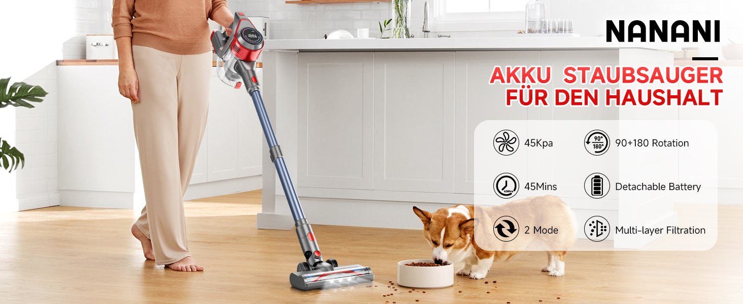 Бездротовий акумуляторний пилосос 45000 Па – 45 хв роботи, тихий (<65 дБ), LED-дисплей, 8-в-1 бездротовий пилосос з антизаплутаною насадкою та HEPA-фільтром – для шерсті тварин, килимів, твердих підлог та алергіків, червоний