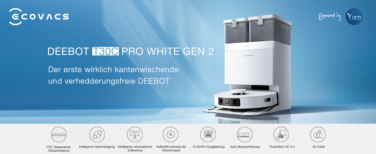 Робот-пилосос Ecovacs DEEBOT T30C Pro Omni GEN 2: пилосос-мийник, 15400Pa, автопорожнення, гаряча сушка, 200хв роботи, для шерсті тварин та килимів