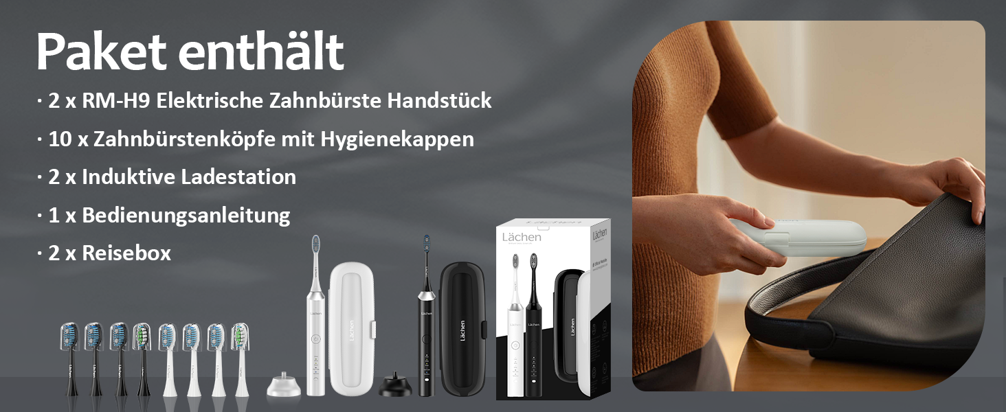 Електрична зубна щітка Lächen RM-H9, набір 2 шт. (біла та чорна) + 10 насадок, 5 режимів, з кейсами для подорожей