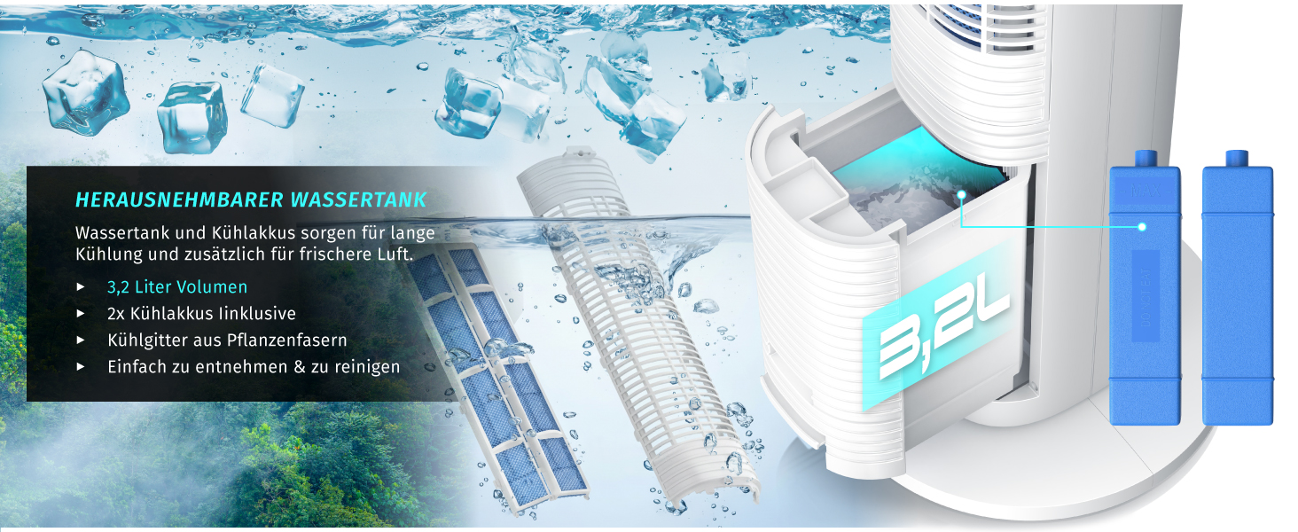 Вентилятор з водяним охолодженням Brandson ECO Design: тихий, 9 швидкостей, таймер, осциляція, іонізація, з пультом, білий