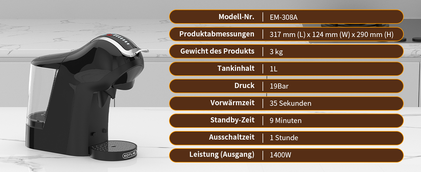Кавомашина KOTLIE 5-в-1 для капсул, меленої кави та ESE (44 мм), чорна (EM-308A)