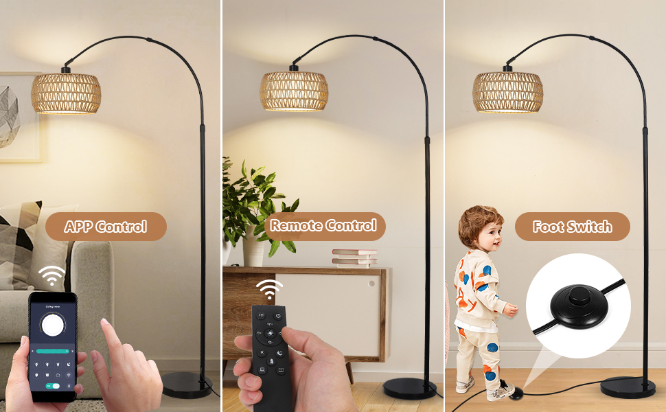 Rayofly Торшер для вітальні Bogenlampe в стилі бохо з ротанговим абажуром, диммований торшер з пультом та LED-лампочкою, управління через додаток, чорний