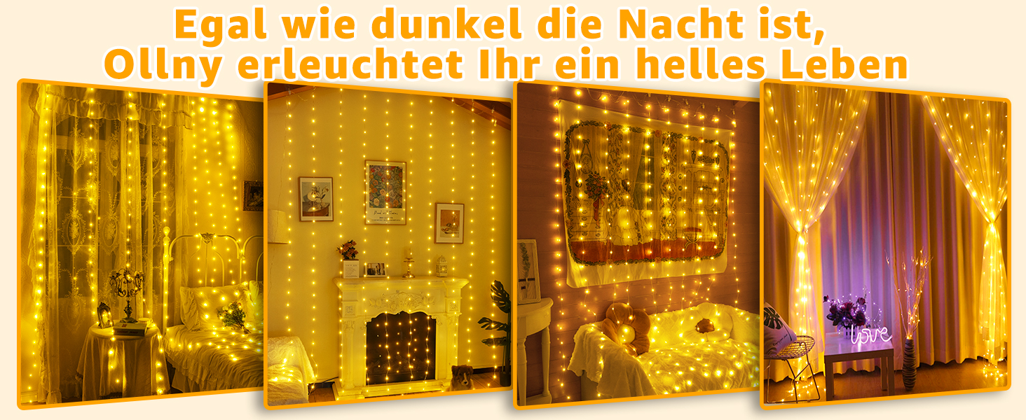 Льодосвітна штора Ollny для декорування фасаду 3x3м, 300 LED, 8 режимів, IP67, пульт, таймер, димування, для декору на Різдво, двері, стіни, вечірки, вікна, балкон (тепле біле світло)