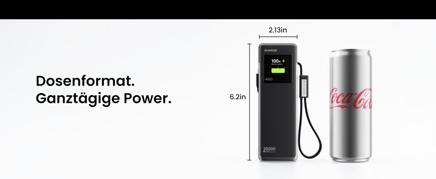 Потужний павербанк SHARGE HyperTower 170W 25000mAh з TFT-дисплеєм, 4 портами (3x USB-C, 1x USB-A) та вбудованими кабелями для MacBook Pro та ноутбуків, чорний