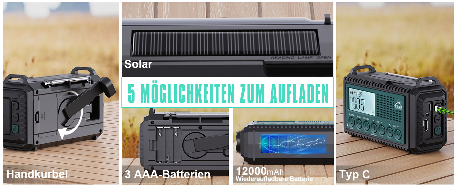 Радіо на сонячній батареї та ручному заводі Kurbelradio 12000 mAh з LED ліхтарем, AM/FM/SW, для надзвичайних ситуацій, чорний