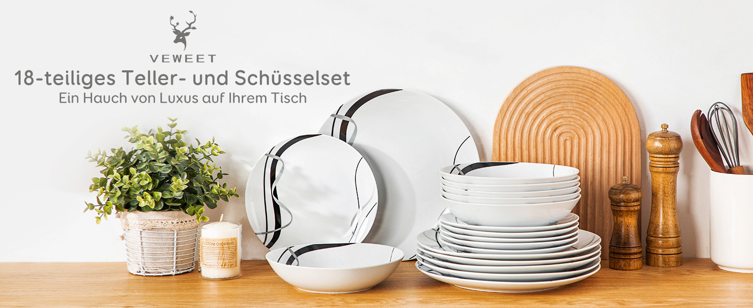 VEWEET Набір посуду 18 предметів на 6 осіб, порцеляновий сервіз, 6 тарілок для їжі, десертних та супових тарілок, сервіз Fiona