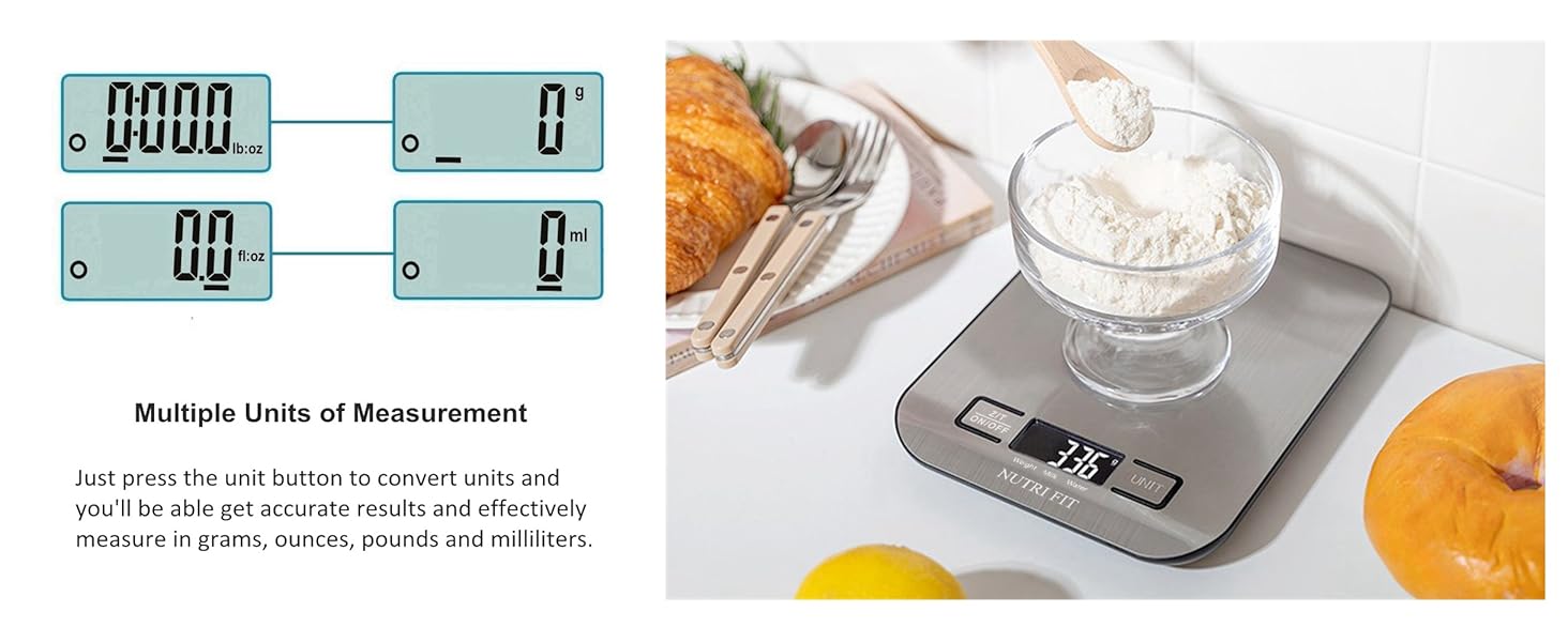 Кухонні ваги Nutri Fit: цифрова вага з нержавіючої сталі, ультраплоска, LCD-дисплей, 5 кг, 4 одиниці вимірювання