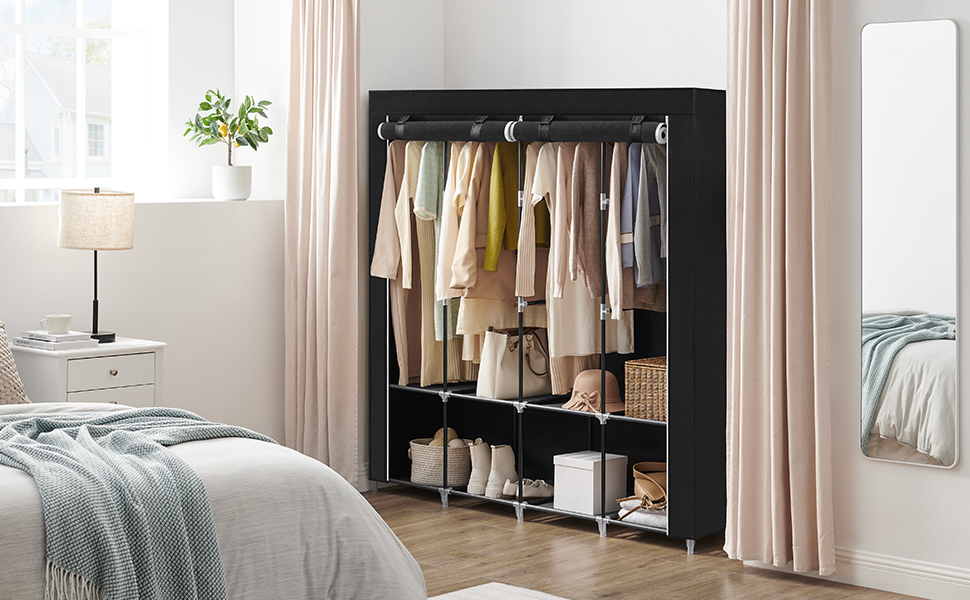 Тканинна шафа SONGMICS 45x170x167 см з 4 полицями, відділеннями для підвішування, 4 бічними кишенями, містка, для спальні та вітальні, чорна