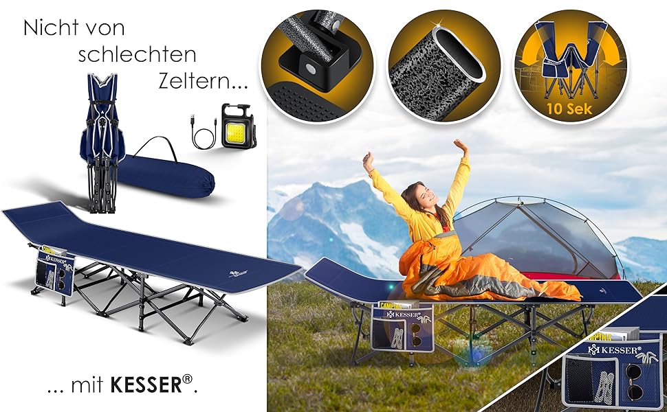 Кемпінгове ліжко KESSER®: складане, портативне, з сумкою та світлом, до 250 кг, міцний метал, оксфорд 600D