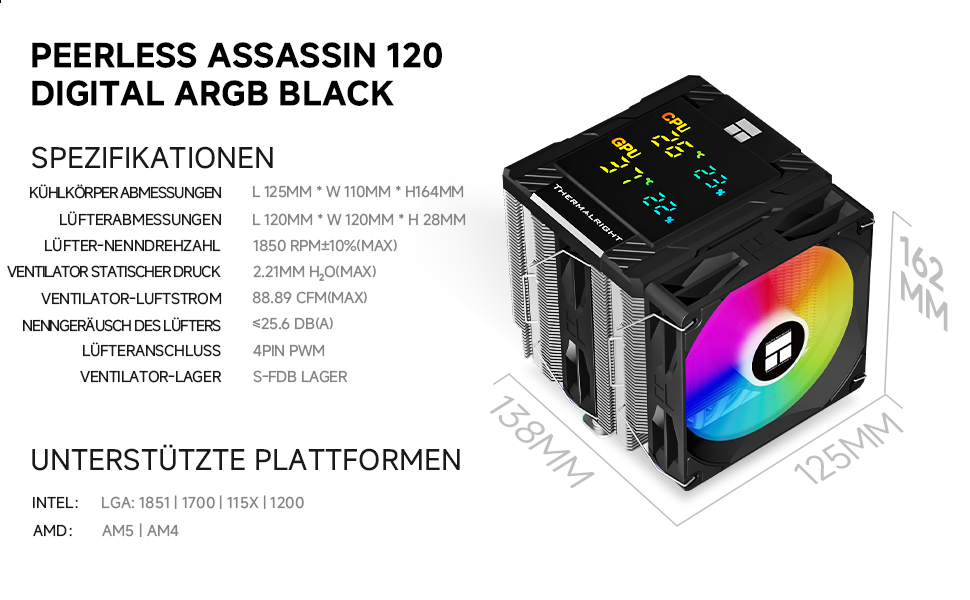 Thermalright Peerless Assassin 120 Digital ARGB: Кулер для CPU з RGB підсвічуванням, 6 heatpipes, AM4/AM5, Intel LGA1700/1851/1150/1151/1200